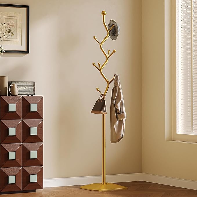 Coat Rack Freestanding gold Coat Tree with 8 Hooks, Creative Design Tree Branch-look, Standing Coat Rack Coat Hanger Stand with Stury cast iron Base for Entryway, Hallway, Bedroom (gold)