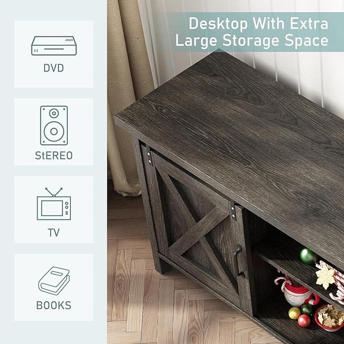 58" Farmhouse TV Stands for 55 60 70 inch TV w/Adjustable Shelves,Sliding Barn Door.Wooden Entertainment Center,TV Console Cabinet with Storage for Bedroom Living Room(Dark Grey)
