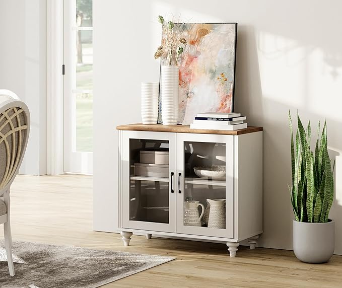 WAMPAT TV Stand for 43 Inch, Wood Console Table Storage Cabinet for Living Room, Kitchen Sideboard Buffet Cabinet With Glass Door for Dining Room, Off White