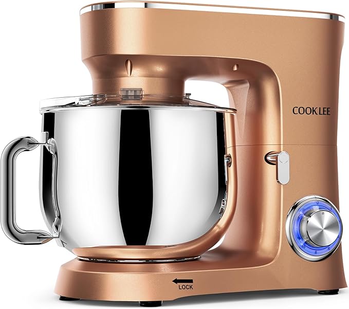 COOKLEE Stand Mixer, 9.5 Qt. 660W 10-Speed Electric Kitchen Mixer with Dishwasher-Safe Dough Hooks, Flat Beaters, Wire Whip & Pouring Shield Attachments for Most Home Cooks, Champagne
