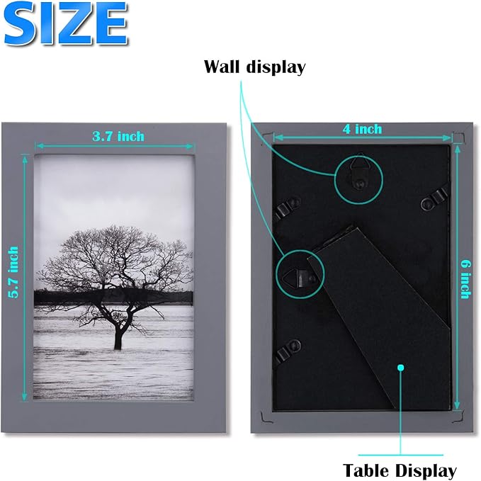 Egofine 4x6 Picture Frame Made of Solid Wood with Plexiglass, Display Pictures 3.5x5 with Mat or 4x6 Without Mat for Tabletop and Wall Mounting, Dark Grey