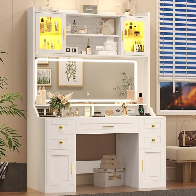 75" Vanity Desk with Mirror and Lights, Makeup Vanity with 5 Drawers & 2 RGB Door, White Vanity with Charging Station, Big Vanity Table with Lighted Mirror, 3 Color Lighting Modes, for Bedroom