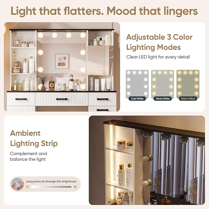Makeup Vanity Desk with Adjustable Mirror & Rolling Cart, White Vanity Table with LED Light Bulbs, 3 Lighting Modes, Power Strip, Ambient Light & 6 Storage Drawers