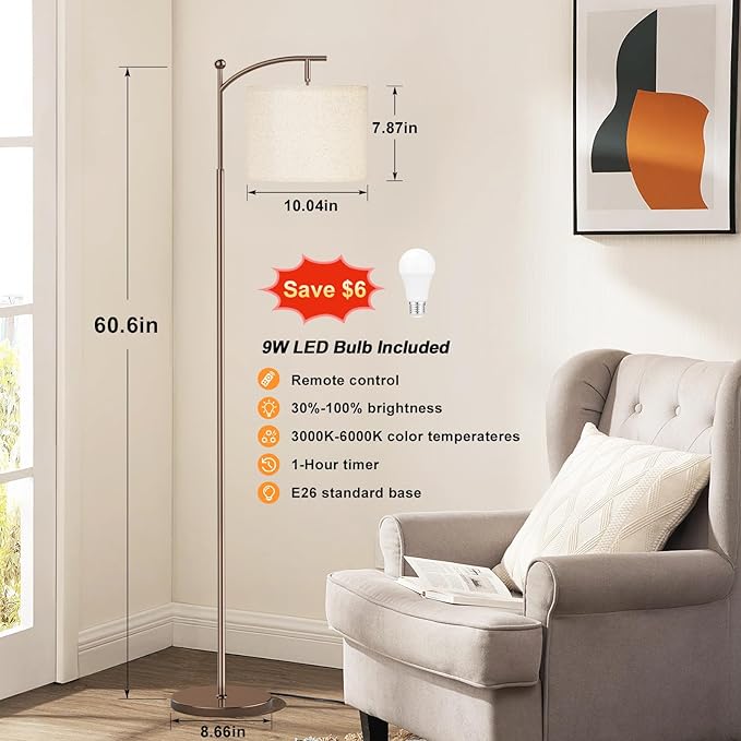 60" Floor Lamps with Remote Control & Bulb, Colors Temperature & Brightness Adjustable, Deep Beige Shade & Brown Pole