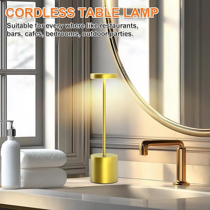 Rechargeable Table Lamp – 2 Pack Touch Lamps, Cordless Desk Lamp, 5000mAh Battery Operated Lamp with 3-Color Dimmable Light, Portable LED Lamp for Bedroom, Dining Room, Patio, Outdoor (Gold)