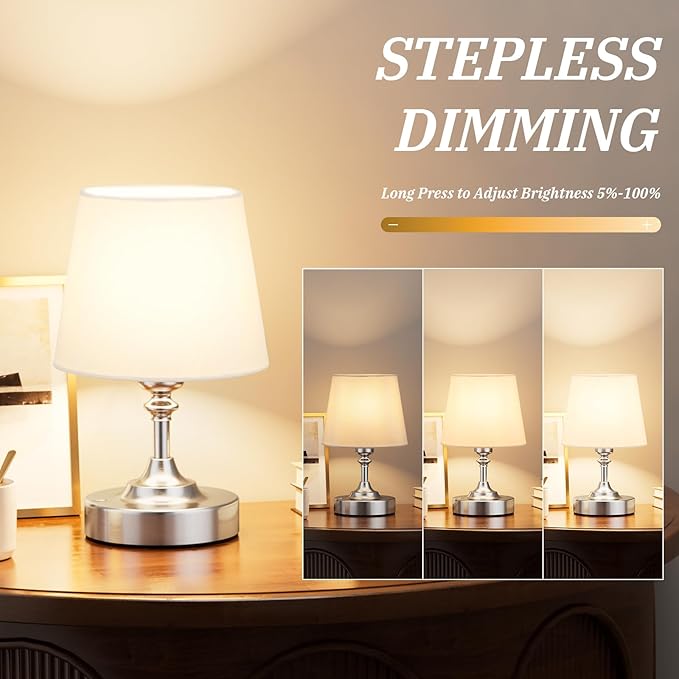 Kakanuo Mini Cordless Table Lamp Silver - 1 Pack 4000mAH Battery Operated Lamp for Decor, 3000K Stepless Dimming Touch Rechargeable Lamp for Bedroom, Dining Table, Counter, Living Room