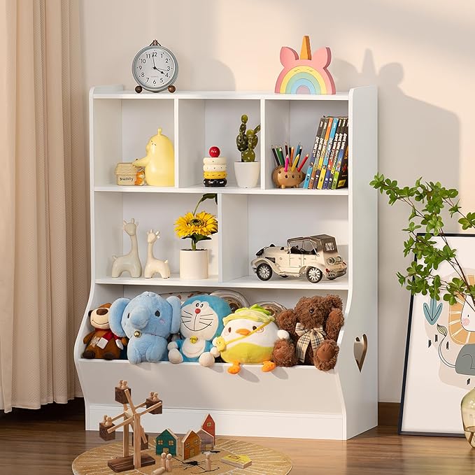 Lerliuo Kids Toy Storage Organizer, 3 Tier Children Small Bookcase and Bookshelf, Toddler 7 Cubby Toy Storage Cabinet, Toy Shelf for Playroom, Bedroom, Living Room, Nursery, School 29.53'' H (White)
