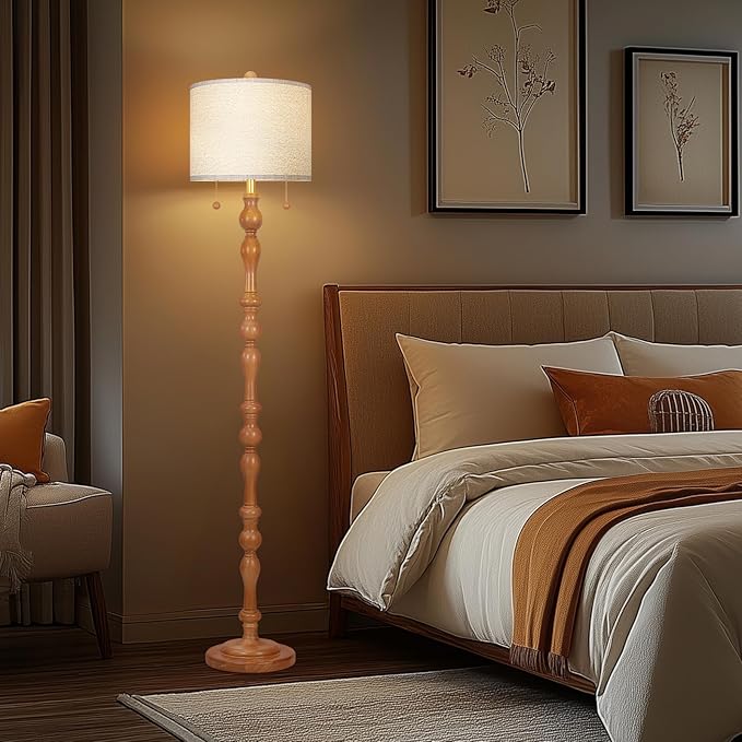 65.5" Natural Real Wood Floor Lamp with S Cluster Pull Chains Dual Switch,Wood Base Tall Lamp,Farmhouse Standing Lamp for Living Room,with Linen Shade,Floor Lamp for Living Room,Bedroom(Bulb Included)