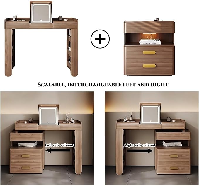Mid Century Makeup Vanity - Solid Wood Vanity Set with Adjustable Makeup Stool and 5 Drawers, Storage Table Leg, Dressing Table Include Flip Makeup Mirror for Bedroom (Walnut Color,27.56'')