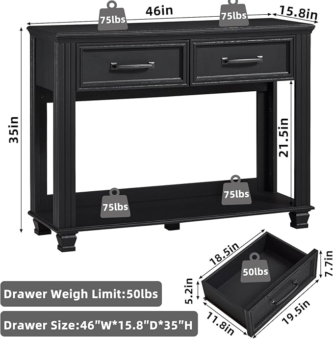 Farmhouse 46" Console Table with 2 Drawers, Rustic Wood 2 Tier Entryway Table with Open Storage Shelf for Entry, Large Mid-Century Vintage Sofa Tables Behind Couch for Living Room, Black