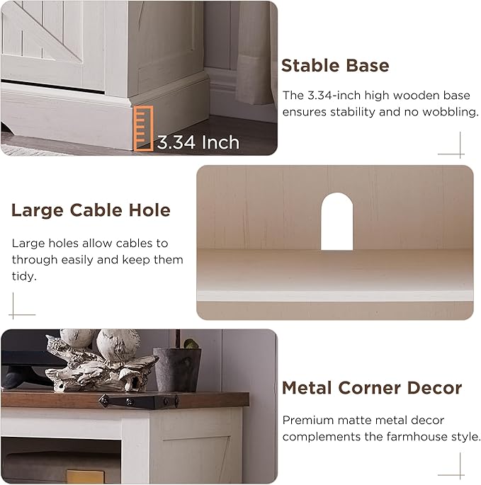 OKD Fireplace TV Stand for 65+ Inch TV, 33" Tall Highboy Farmhouse Entertainment Center w/ 23'' Electric Fireplace, Rustic Media Console w/Sliding Barn Door for Living Room, Antique White