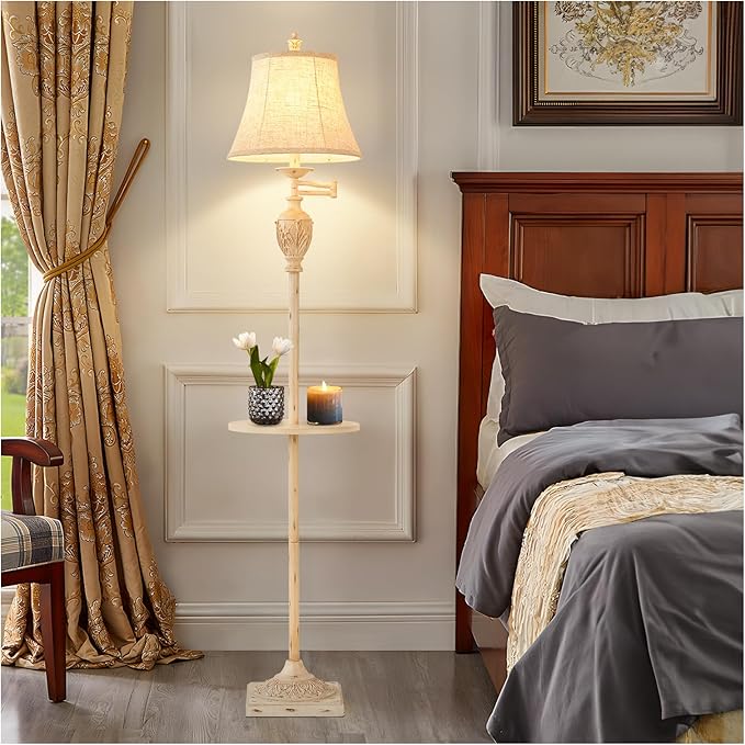 Traditional LED Floor Lamp with 350° Adjustable Swing Arm Lamp – Vintage Standing Pole lamp for Living Room, Bedroom and Office – Rustic Upright Floor Light for Home Décor with Silk Fabric Shade