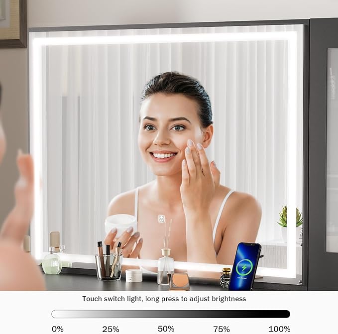 Black Vanity Desk with Mirror and Lights, Makeup Table with Socket Dressing Table Set with Stool, 5 Drawers, Storage Cabinet and Hidden Storage Compartment for Bedroom Dressing Room