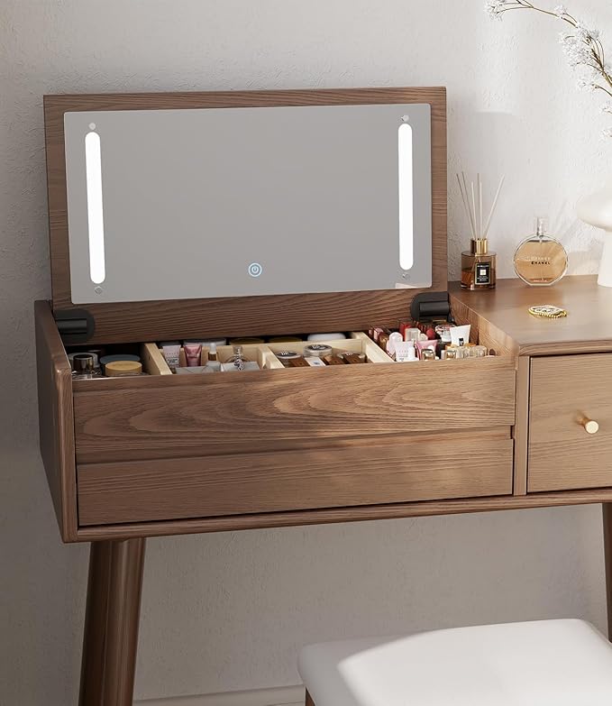 KungFuWood Wood Vanity Desk with Mirror and Lights, Dressing Vanity Table Vanity Set 3 Drawers, 32 Inch Large Make Up Vanity Table Wooden with 3 Lighting Modes (W32 inch walunt Wood)