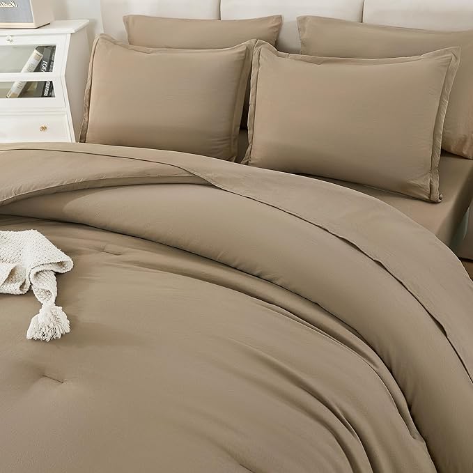 Litanika Queen Comforter Set Taupe - 7 Pieces Bed in a Bag Queen Bedding Comforter Sets, Solid Lightweight Bed Set with Comforter, Sheets, Pillowcases & Shams