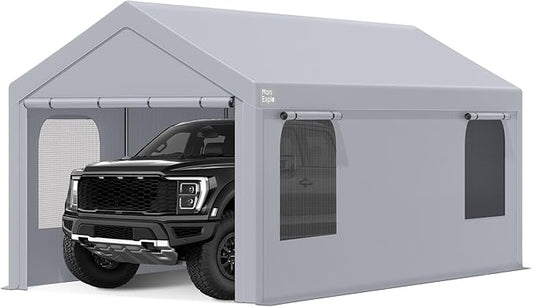 Carport, 12 x 20 FT Portable Garage Heavy Duty, Carport Canopy with Side-Opening Door & Roll-Up Windows, Car Canopy Reinforced with Extended Skirt and All Season Tarp for Car, Truck, Boat（Light Gray）