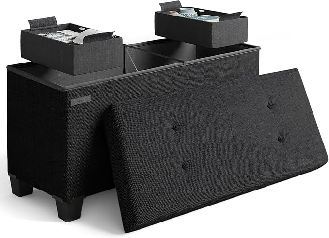 STORAGEBUD Storage Ottoman Bench with Bins, 30-in Storage Bench for Bedroom End of Bed, Folding Foot Rest Ottoman for Living Room Max 660lbs, Fabric Ottomans, Black