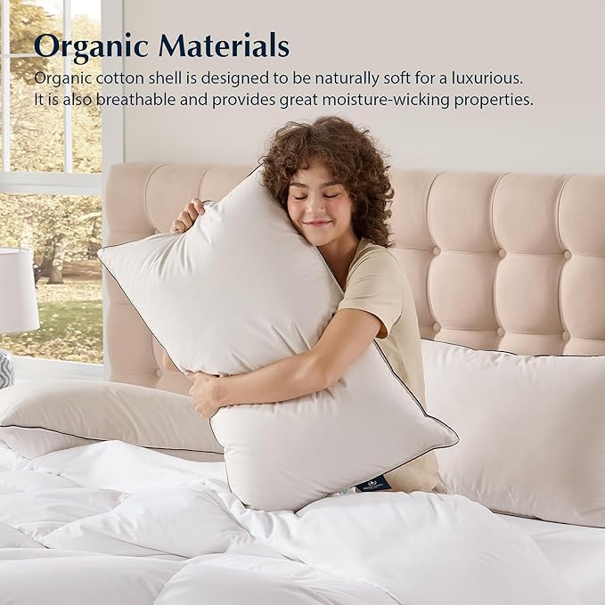 Pacific Coast Down Pillow, Luxury Hotel Collection Bed Pillow for Sleeping with Organic Cotton Shell, Suit for Back and Stomach Sleepers, Queen Size