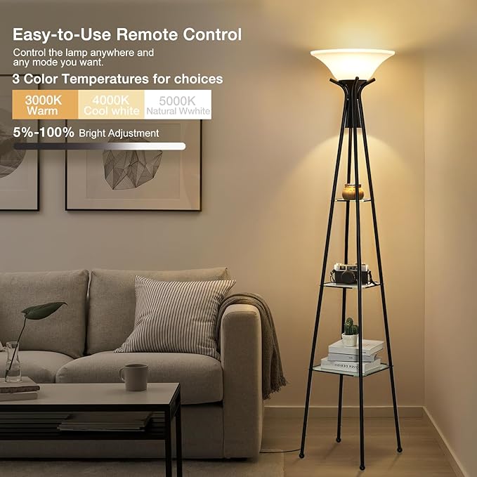 Floor Lamp with Shelves, 69” Tall Shelf Lamp with Remote Control, 3-Tier Glass Shelf Lamp, Dimmable Torchiere Floor Lamps for Living Room, Bedroom, Home Office, 3 Color Temperatures Bulbs Included