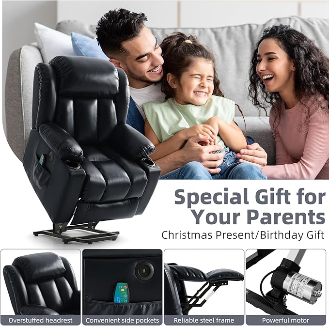 Power Lift Recliner Chair for Elderly, Electric Recliner Chairs for Adults with Massage and Heat, Cup Holders, Remote Control, USB Ports, Side Pockets, Leather (Ink Black) ﻿