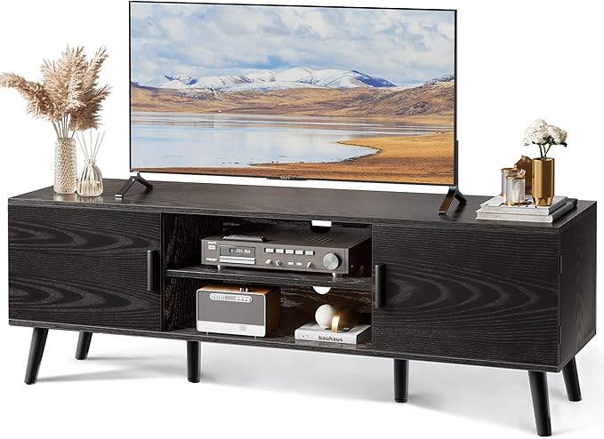 SUPERJARE TV Stand for 55 Inch TV, Entertainment Center with Adjustable Shelf, 2 Cabinets, TV Console Table, Media Console, Solid Wood Feet, Cord Holes, for Living Room, Bedroom, Black