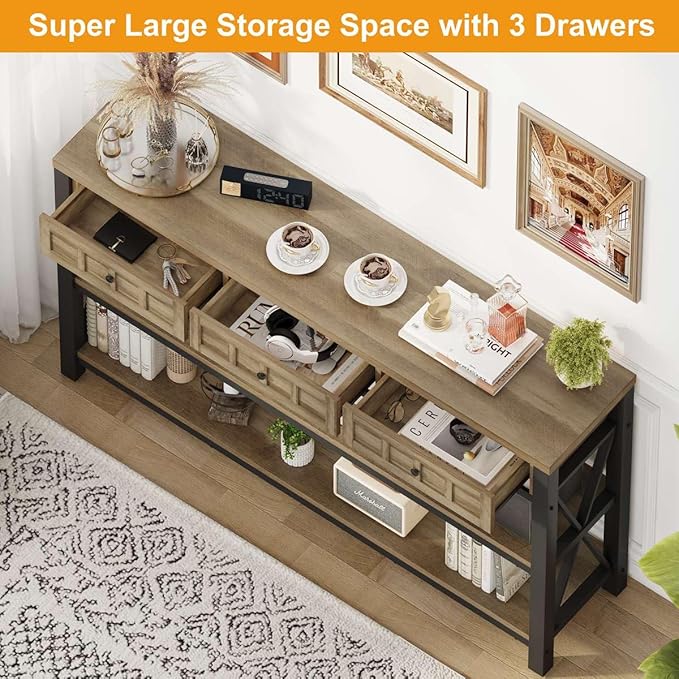FATORRI Console Table for Entryway, Rustic Sofa Table with 3 Drawers for Living Room, Farmhouse Hallway Tables with Storage and Couch Tables Behind Sofa (54.72 Inch Long, Rustic Oak)