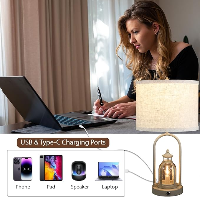 Farmhouse Lantern Table Lamps for Living Room Set of 2,Rustic Vintage Bedroom Nightstand Beside Desk Lamp with 2 USB Charging Ports,Dimmable Touch Night Light,4 Bulbs Included (White)