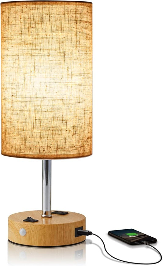 Table Lamp with Motion Sensor or Constant on Mode, USB Lamp Include One LED Bulb, Built in 1 USB Port & 1AC Outlet, Bedside Lamp Idea for Bedroom, Hallway, Bath Room