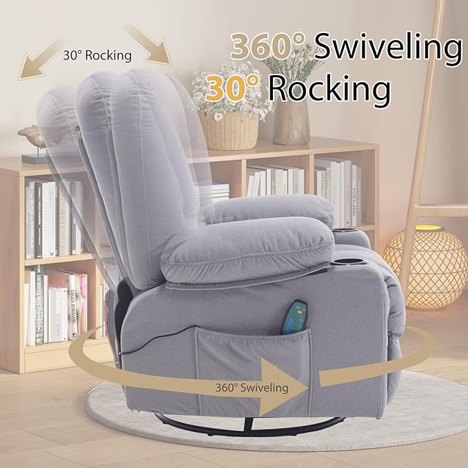 Massage Recliner Chair with Heat for Adults,Overstuffed Rocker Recliners Swivel Glider with Cup Holder Side Pocket, Manual Reclining Fabric Sofa Chair for Living Room