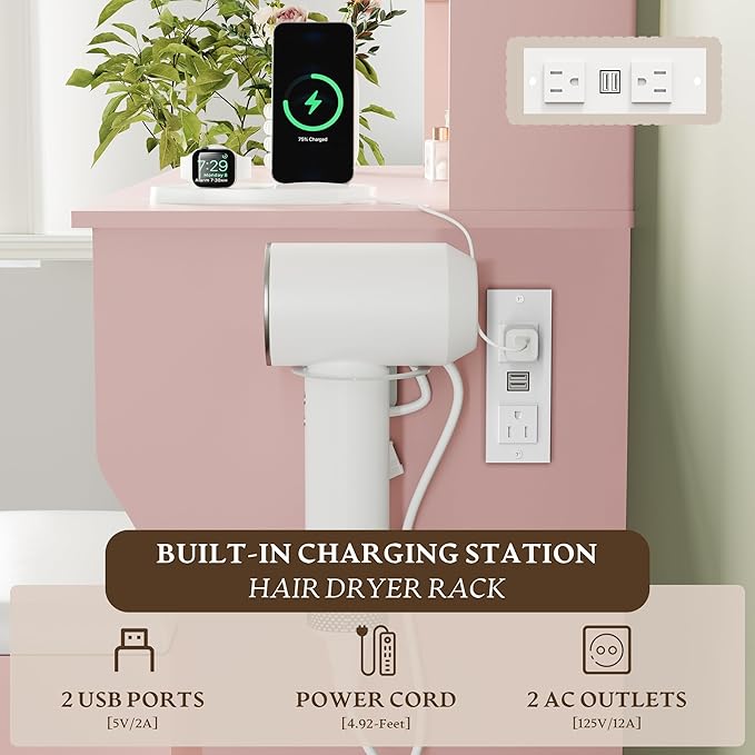 Pink Makeup Vanity Desk with Mirror and Lights, Small Vanity Table Set with Power Outlet, Dressing Table with 2 Drawer & 4 Storage Shelves, Adjustable RGB Lighting, Includes Chair for Girl’s Bedroom