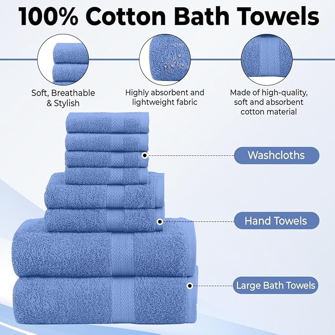 Pack of 8 Towels Set, 2 Large Bath Towels, 2 Hand Towels, 4 Wash Cloths, 100% Cotton, Lighter Weight, Quicker to Dry, Super Absorbent, Perfect for Bathroom (Blue)