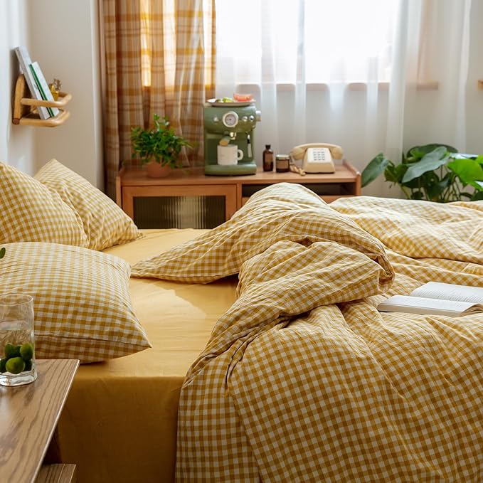 mixinni Yellow Gingham Comforter Set Twin XL, Plaid Comforter Set 3 Pieces 1 Yellow Grid Comfoter with 2 Pillow Cases for All Seasons, Soft Fluffy Modern Grid Pattern Printed Bedding-Twin XL Size