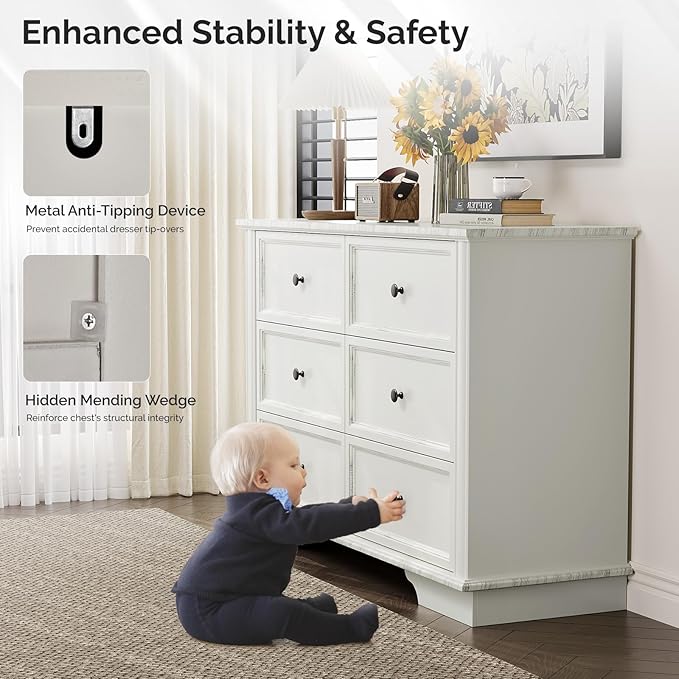 VINGLI White Dresser 6 Drawer, 47" Long Dresser for Bedroom, Chest of Drawers, French Vintage White Dressers Wood for Living Room, Hallway, 47.24" W*15.75D*31.5" H