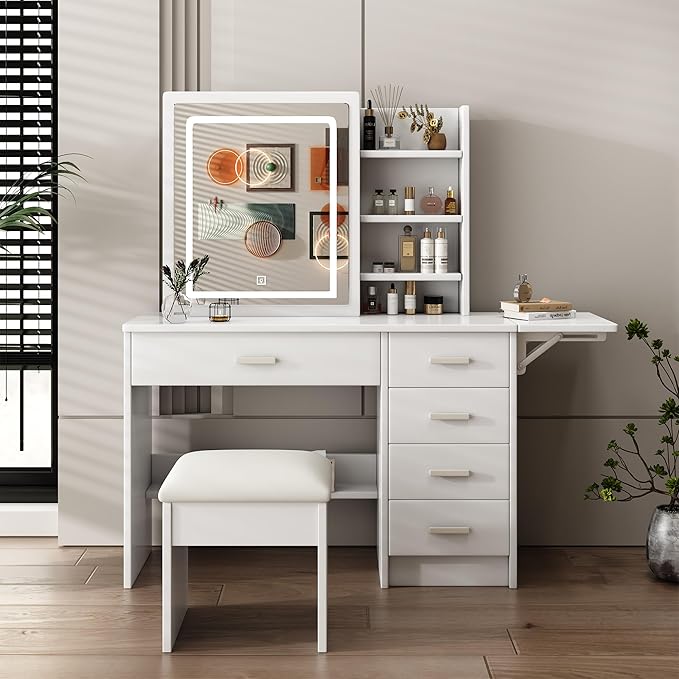 Stylish Vanity Desk with Mirror and Lights, White Dressing Table Set with Chair, 5 Drawers & Open Shelves, Adjustable 3-Color LED Lighting, Perfect for Bedroom Makeup