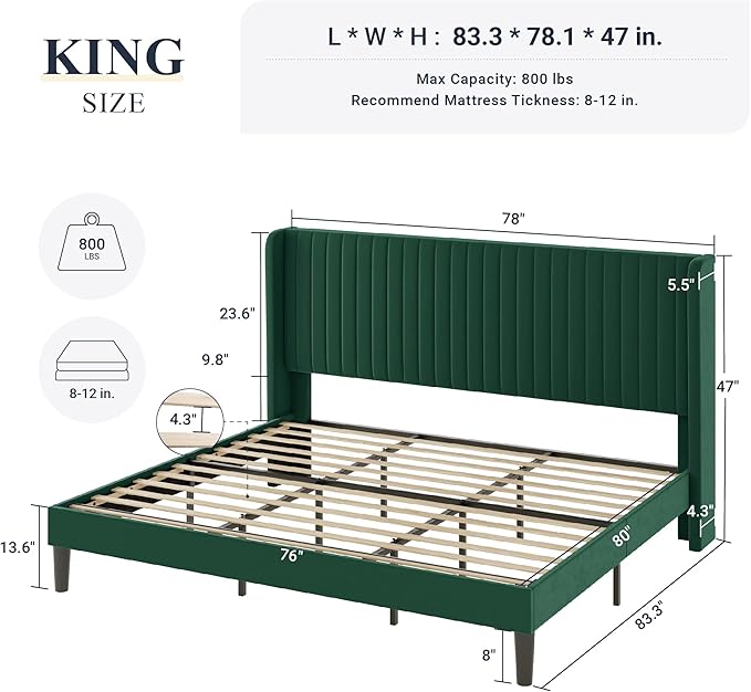 Allewie King Size Bed Frame/Velvet Upholstered Platform Bed/Vertical Channel Tufted Wingback Headboard/Strong Wooden Slats/No Box Spring Needed/Easy Assembly/Green