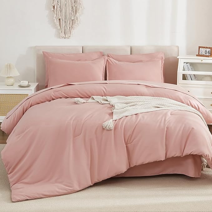 Litanika Twin/Twin XL Size Comforter Sets Grey Blush Pink - 5 Pieces Bed in a Bag Twin/Twin XL Bedding Comforter Sets, Solid Lightweight Bed Set with Comforter, Sheets, Pillowcase & Sham