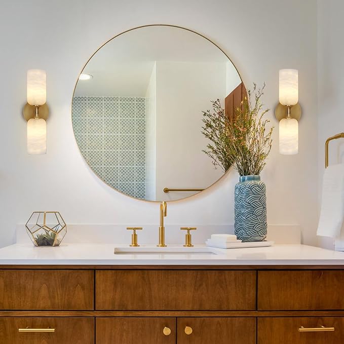 Alabaster Wall Sconce 14in Modern Spanish Natural Marble Bathroom Vanity Sconces, Antique Brass Sconces Wall Lighting, Gold Wall Light Fixtures Decor, for Bedroom Living Room Staircases Hallway