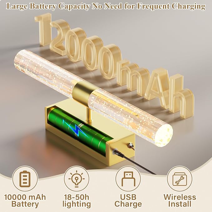 Battery Operated Gold Wall Sconces Set of 2 Rechargeable Battery Powered Wall Light with 12000mAh Not Hardwired Dimmable Wall Lamp Fixtures for Bedroom Living Room 20.9 Inches