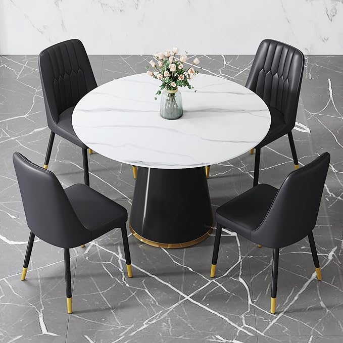 45 Inch Round Dining Table Set for 4, 5 Piece Kitchen Table and Chairs Set, White Faux Marble Table Top, Small Space Dining Set for Apartment or Dining Room