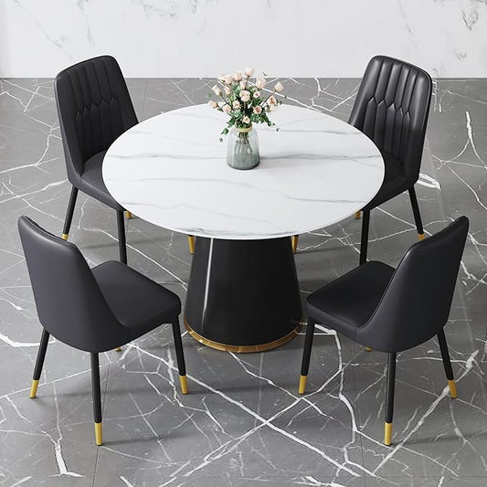45 Inch Round Dining Table Set for 4, 5 Piece Kitchen Table and Chairs Set, White Faux Marble Table Top, Small Space Dining Set for Apartment or Dining Room