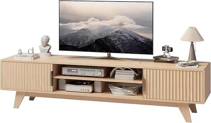 Claiks Mid-Century Modern TV Stand for 75 inch TV, Wood Fluted TV Stand with Storage and Adjustable Shelves, Low Profile TV Console for Living Room, Oak