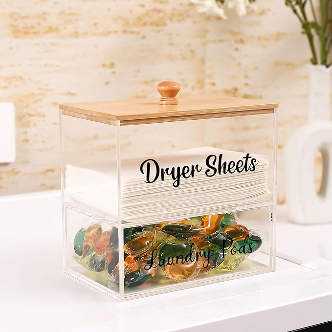 Acrylic Laundry Pods Contianer and Dryer Sheet Holder Set with Bamboo Lid, Dishwasher Pods Container, Laundry Pods Holder, Laundry Soap Organizer, Laundry Room Organization and Storage