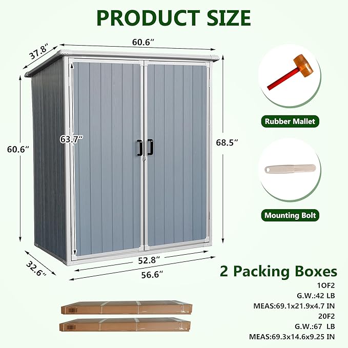 5 X 3 Ft Outdoor Storage Shed with Floor, Weatherproofing Garden Tool Shed with Lockable and Sloping Roof Design, Outdoor Resin Shed Cabinet for Backyard Patio and Garden (White+Gray)