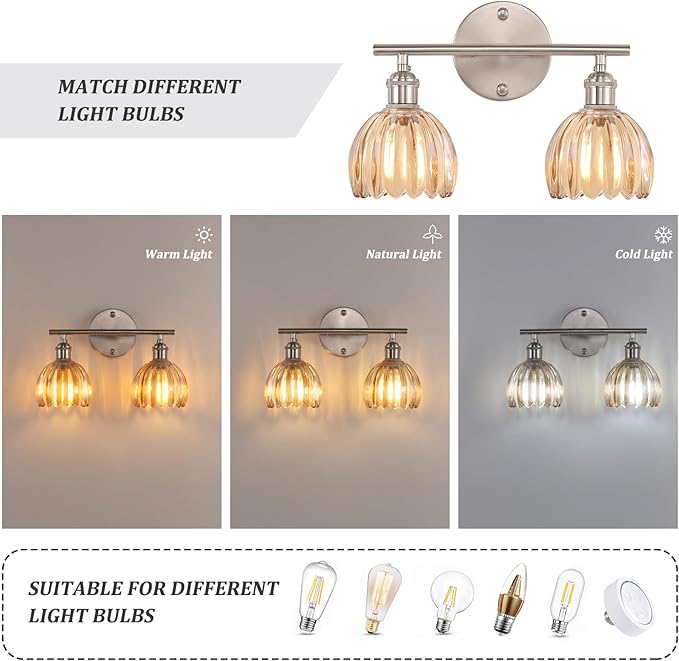 Bathroom Light Fixtures, 2-Light Vanity Wall Light Over Mirror with Amber Tulip Glass Shade for Bedroom Living Room, Satin Nickel