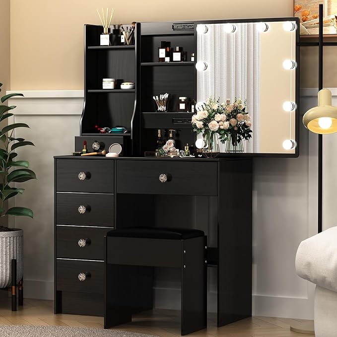 Black Vanity Desk with Mirror Lights, Makeup Vanity Table with 6 Drawers and Cabinet, Small Vanity Set with Chair Stool, 3 Modes Adjustable Sliding Mirror, Black Vanity for Bedroom