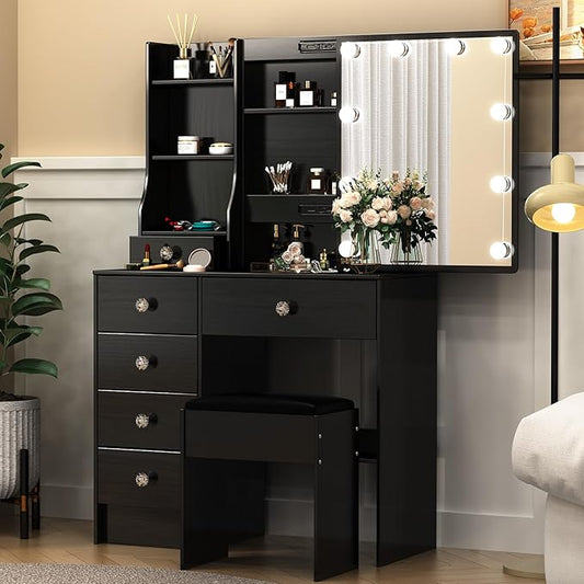 Black Vanity Desk with Mirror Lights, Makeup Vanity Table with 6 Drawers and Cabinet, Small Vanity Set with Chair Stool, 3 Modes Adjustable Sliding Mirror, Black Vanity for Bedroom