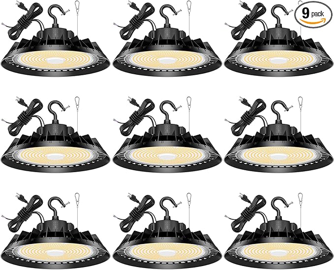 9Pack LED High Bay Lights, Super Bright 200W UFO High Bay LED Shop Lights, 30000LM 5000K, 0-10V Dimmable, 5' Cable Plug, IP65 Waterproof, ETL Listed Plug & Play Lighting for Gym Factory Warehouse