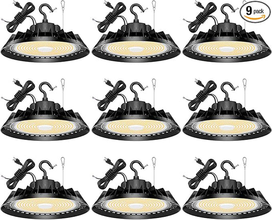 9Pack LED High Bay Lights, Super Bright 200W UFO High Bay LED Shop Lights, 30000LM 5000K, 0-10V Dimmable, 5' Cable Plug, IP65 Waterproof, ETL Listed Plug & Play Lighting for Gym Factory Warehouse