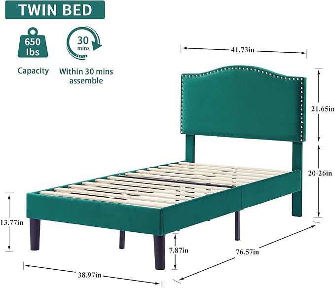 VECELO Twin Bed Frame Platform Bed Frame with Upholstered Headboard, Strong Frame and Wooden Slats Support, Strong Weight Capacity, Non-Slip and Noise-Free, Easy Assembly,Dark Green