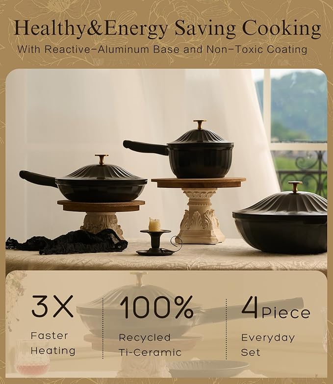 Nonstick Ceramic Cookware Set (7 Piece)–Titanium Cast Aluminum Pots and Pans Set with Lids, Non Toxic PFAS-Free Compatible with All Stovetops–Jet Black